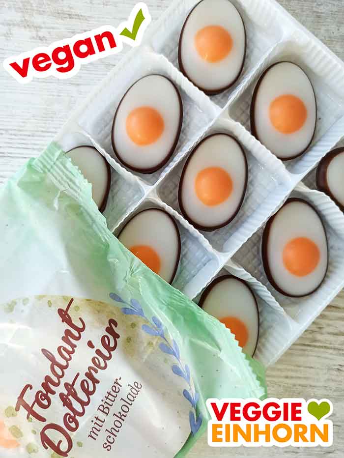 Die Fondanteier sind eine leckere vegane Ostersüßigkeit. Geöffnete Packung der Fondant Dottereier von Penny Douceur