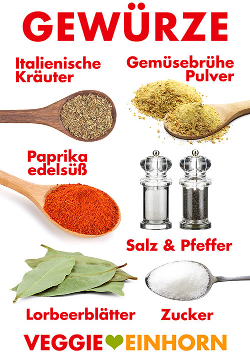 Italienische Kräutermischung, Gemüsebrühe Pulver, Paprika edelsüß, Salz, Pfeffer, Lorbeerblätter, Zucker Gewürze für vegane Kürbis Bolognese
