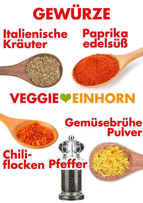 Italienische Kräuter Mischung, Paprika edelsüß Pulver, Chiliflocken, schwarzer Pfeffer, veganes Gemüsebrühe Pulver Gewürze für Linsenbolognese mit veganem Frischkäse