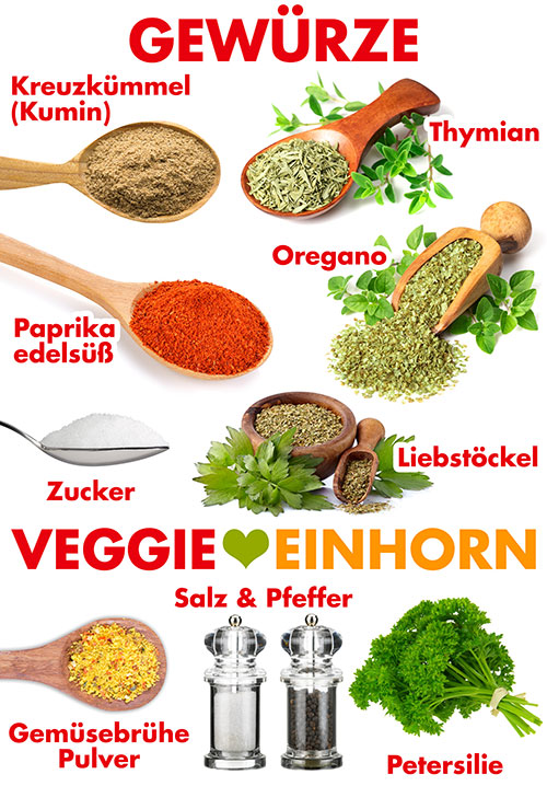 Kreuzkümmel (Kumin), Thymian, Paprika edelsüß, Oregano, Zucker, Liebstöckel, Gemüsebrühe Pulver, Salz und Pfeffer, Petersilie Gewürze für türkische Gemüsesuppe