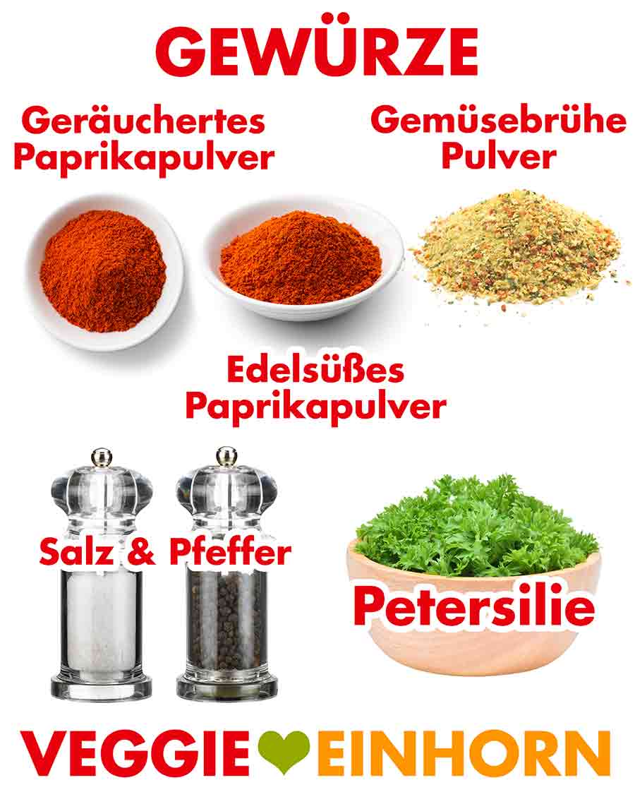 Geräuchertes Paprikapulver, edelsüßes Paprikapulver, Gemüsebrühe Pulver, Salz und Pfeffer, Petersilie Gewürze für vegane Mac and Cheese mit Pankomehl