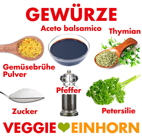 Gemüsebrühe Pulver, Aceto balsamico, Thymian, Zucker, Pfeffer, Petersilie Gewürze für rote Linsen Pfanne mit veganem Halloumi