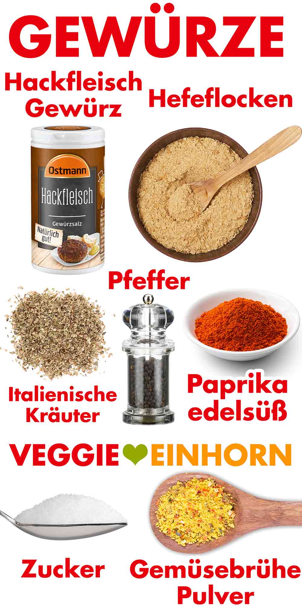 Hackfleischgewürz, Hefeflocken, italienische Kräuter, Pfeffer, Paprika edelsüß, Zucker, Instant Gemüsebrühe Gewürze für Tofu Lasagne