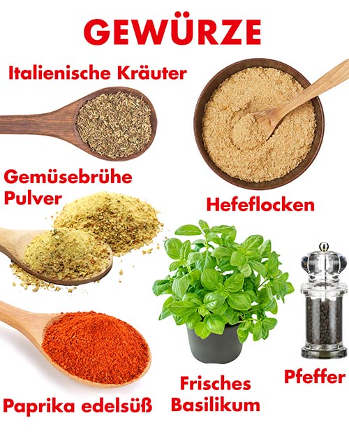 Italienische Kräuter, Hefeflocken, Gemüsebrühe, Paprika edelsüß, frisches Basilikum, Pfeffer Gewürze für vegane Tortellini Suppe mit weißen Bohnen und Spinat
