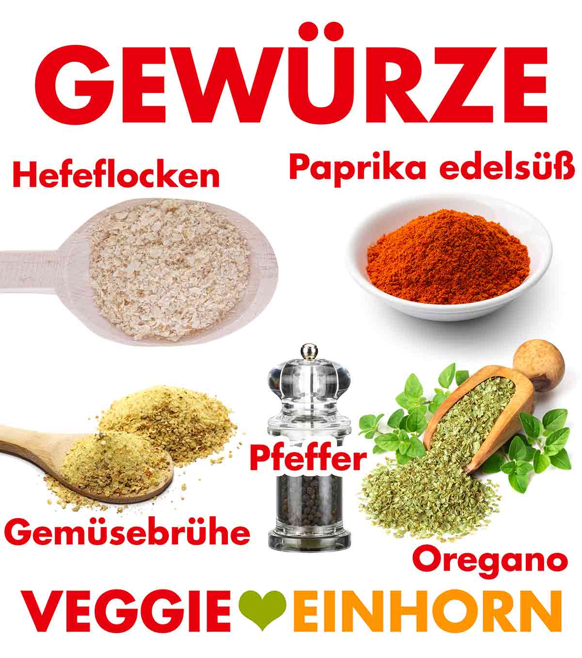 Hefeflocken, Paprika edelsüß Pulver, Gemüsebrühe Pulver, Pfeffer, Oregano Gewürze für veganen Nudelauflauf mit Räuchertofu, Lauch und Tomaten