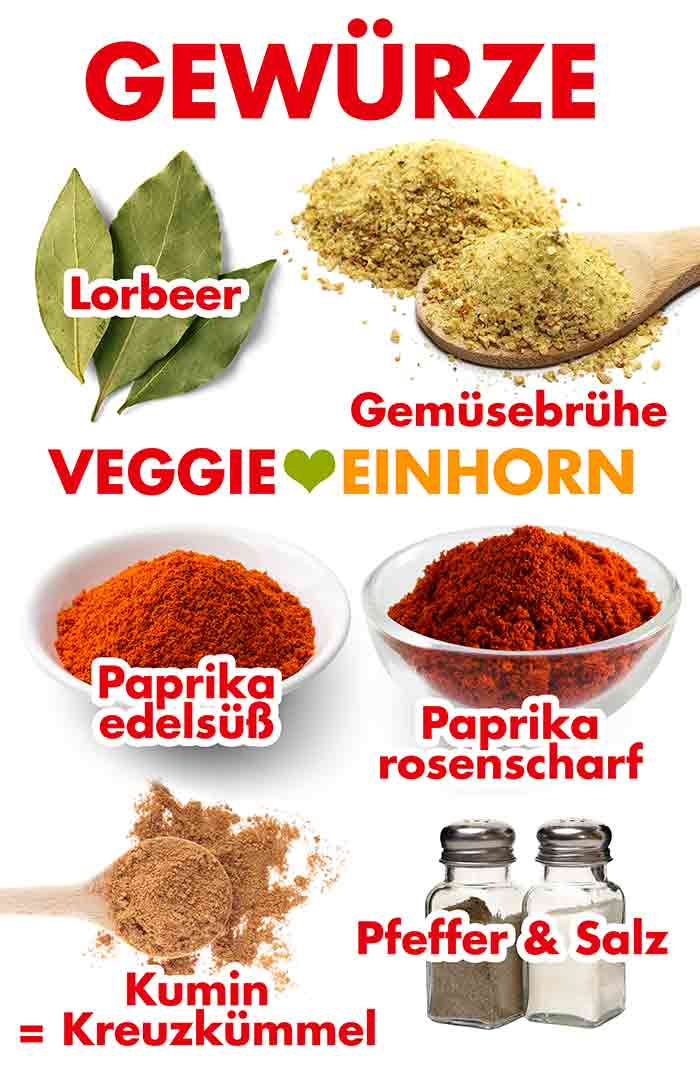 Lorbeerblätter, Gemüsebrühe Pulver, Paprika edelsüß, Paprika rosenscharf, Kumin, Pfeffer, Salz Gewürze für veganen Plov