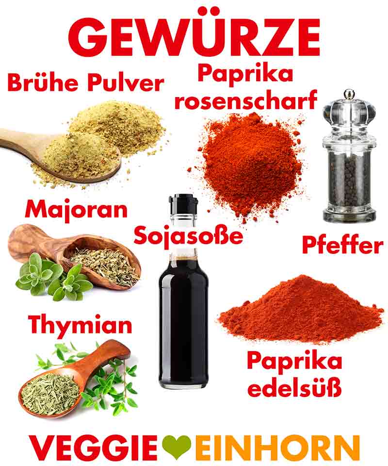 Brühepulver, Paprika rosenscharf, Pfeffer, Majoran, Sojasoße, Paprika edelsüß, Thymian Gewürze für veganes Gulasch mit Sojaschnetzeln und Gewürzgurken