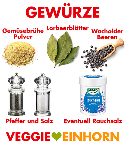 Gemüsebrühe, Lorbeerblätter, Wacholderbeeren, Rauchsalz, Pfeffer und Salz Gewürze für veganen Eintopf mit Sauerkraut und weißen Bohnen