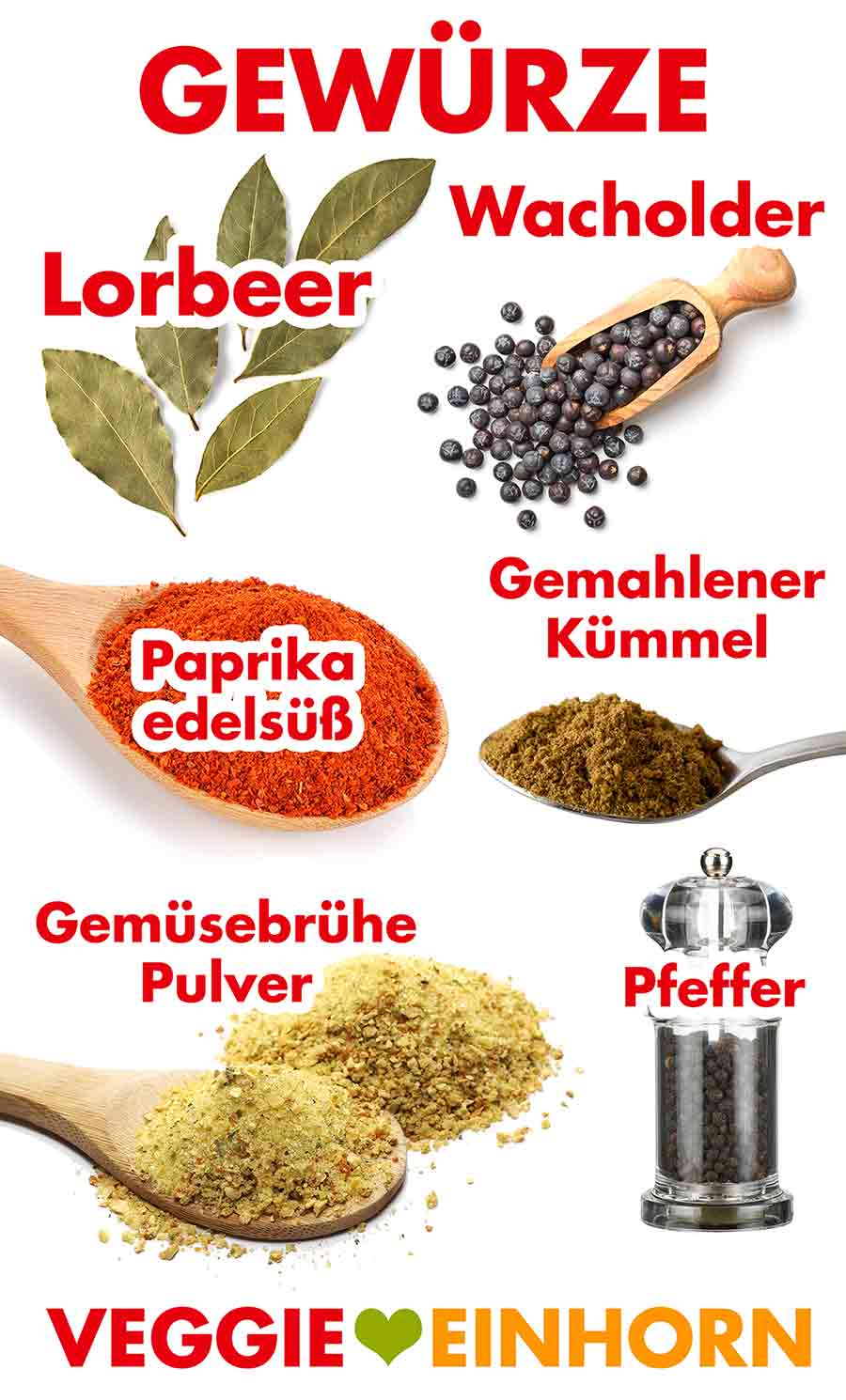 Lorbeerblätter, Wacholderbeeren, Paprika edelsüß, gemahlener Kümmel, Gemüsebrühe, Pfeffer Gewürze für Sauerkrauteintopf mit Kartoffeln und Paprika