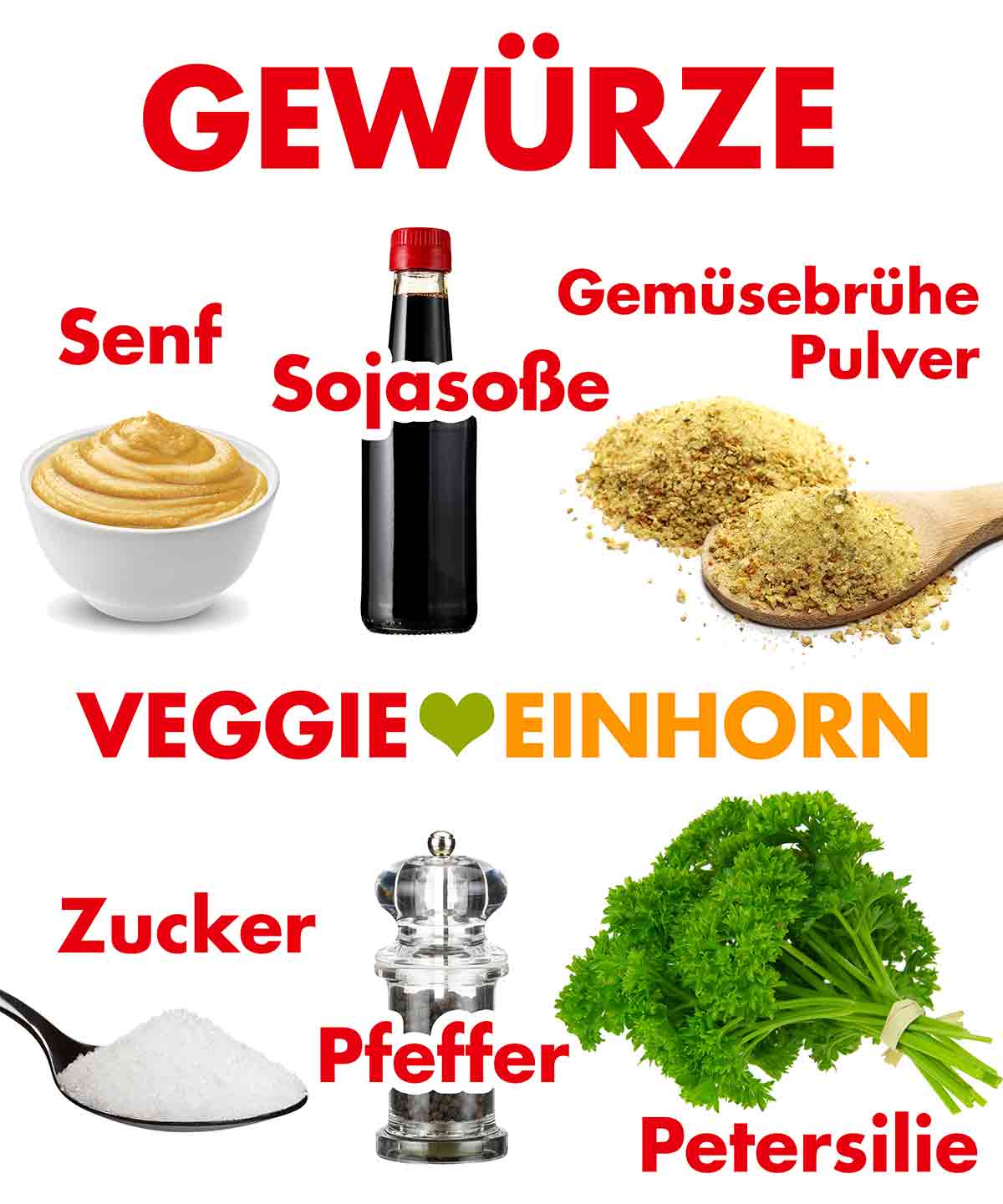 Senf, Sojasoße, Gemüsebrühe Pulver, Zucker, Pfeffer, Petersilie Gewürze für Tofu Stroganoff