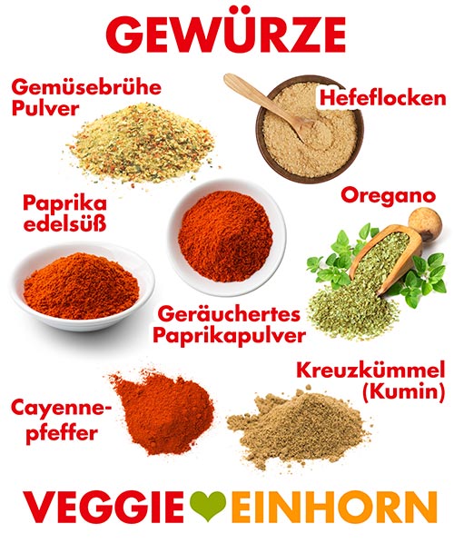 Gemüsebrühe Pulver, Hefeflocken, Paprika edelsüß, geräuchertes Paprikapulver, Oregano, Cayennepfeffer, Kreuzkümmel (Kumin) Gewürze für vegane One Pot Pasta mit Kidneybohnen und veganem Hack