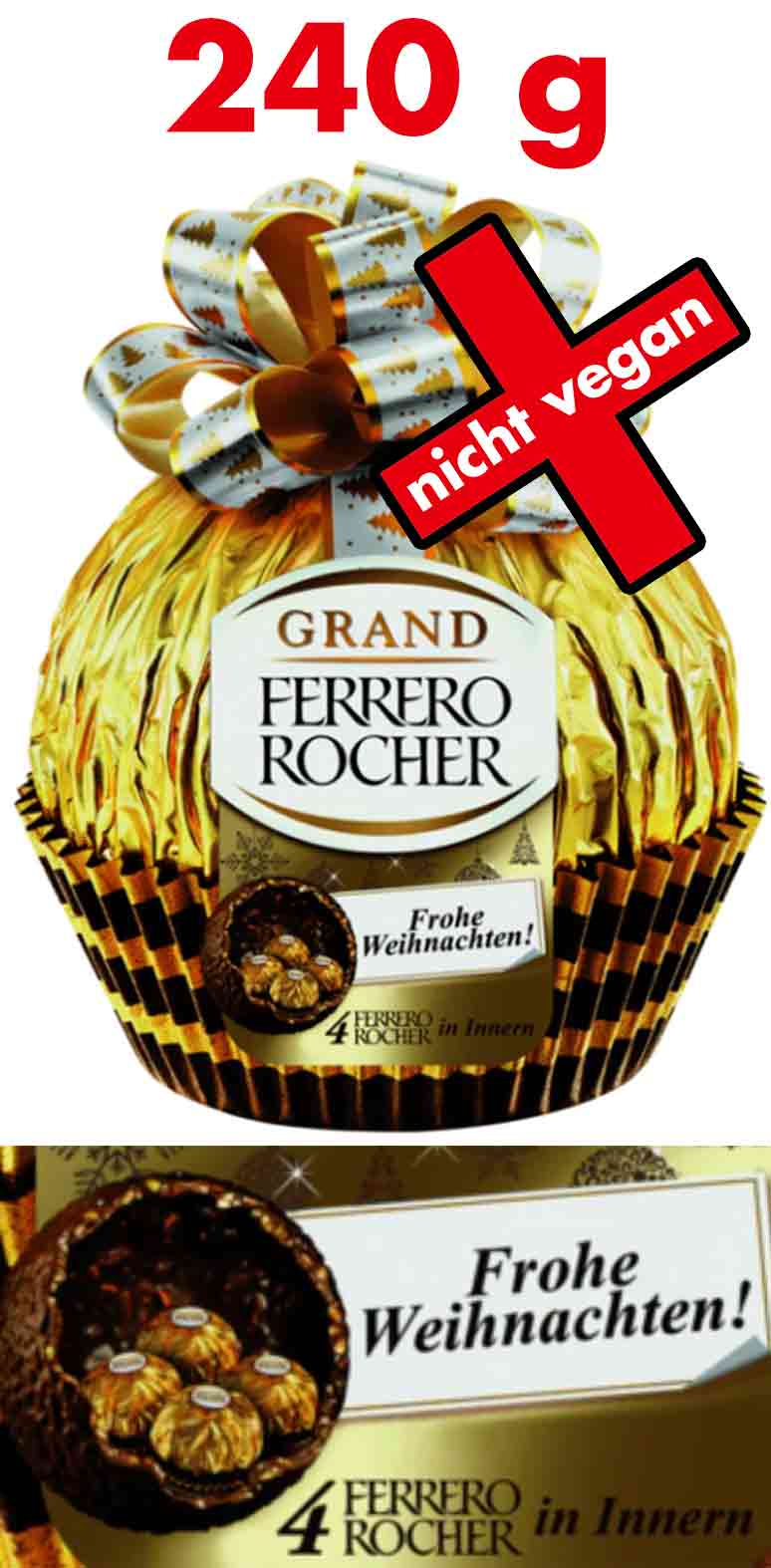 Das Grand Ferrero Rocher XXL wiegt 240 g und ist mit Pralinen gefüllt. Es ist nicht vegan. Das Grand Ferrero Rocher XXL 240 g