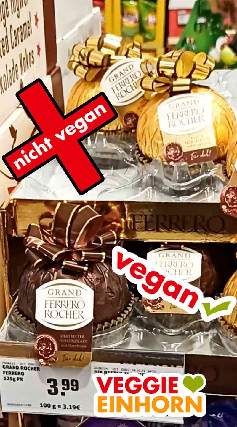 Es gibt die goldenen Grand Ferrero Rocher mit Milchschokolade und die braunen mit veganer Zartbitter Schokolade. Die beiden Sorten von Grand Ferrero Rocher im Supermarkt Regal