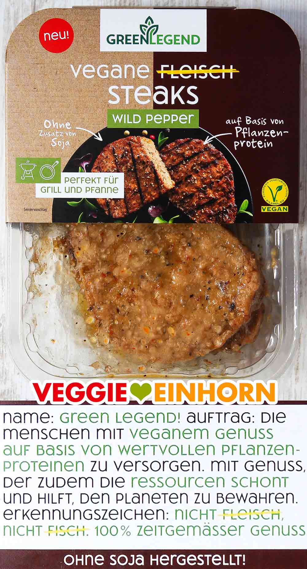 Die Wild Pepper Steaks von Green Legend sind vegan und ohne Soja hergestellt. Vorderseite der Packung Green Legend Vegane Fleisch Steaks Wild Pepper