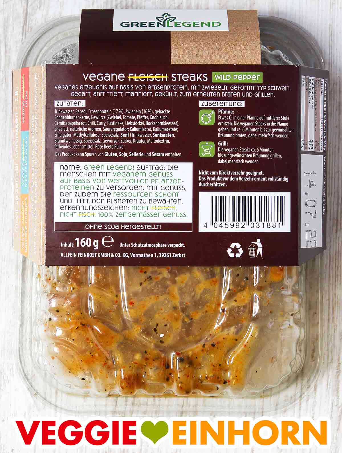Packungsrückseite Green Legend Vegane Steaks Rückseite der Packung Vegane Fleisch Steaks Wild Pepper von Green Legend