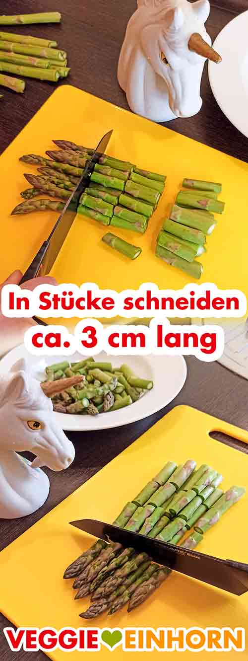 Den Spargel mit dem Messer durchschneiden. Den grünen Spargel in Stücke schneiden.