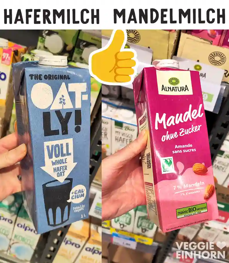 Packungen Hafermilch von Oatly und Mandelmilch von Alnatura, jeweils empfohlen zum Backen. Ein Daumen nach oben symbolisiert Zustimmung.