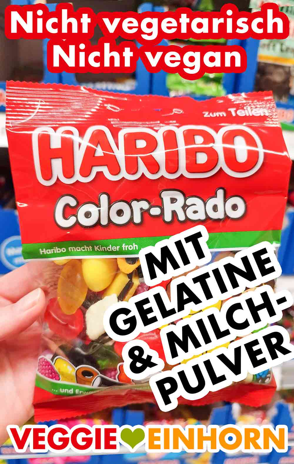 Haribo Color Rado ist nicht vegan. Es enthält Gelatine und Milchpulver. Eine Packung Haribo Color Rado