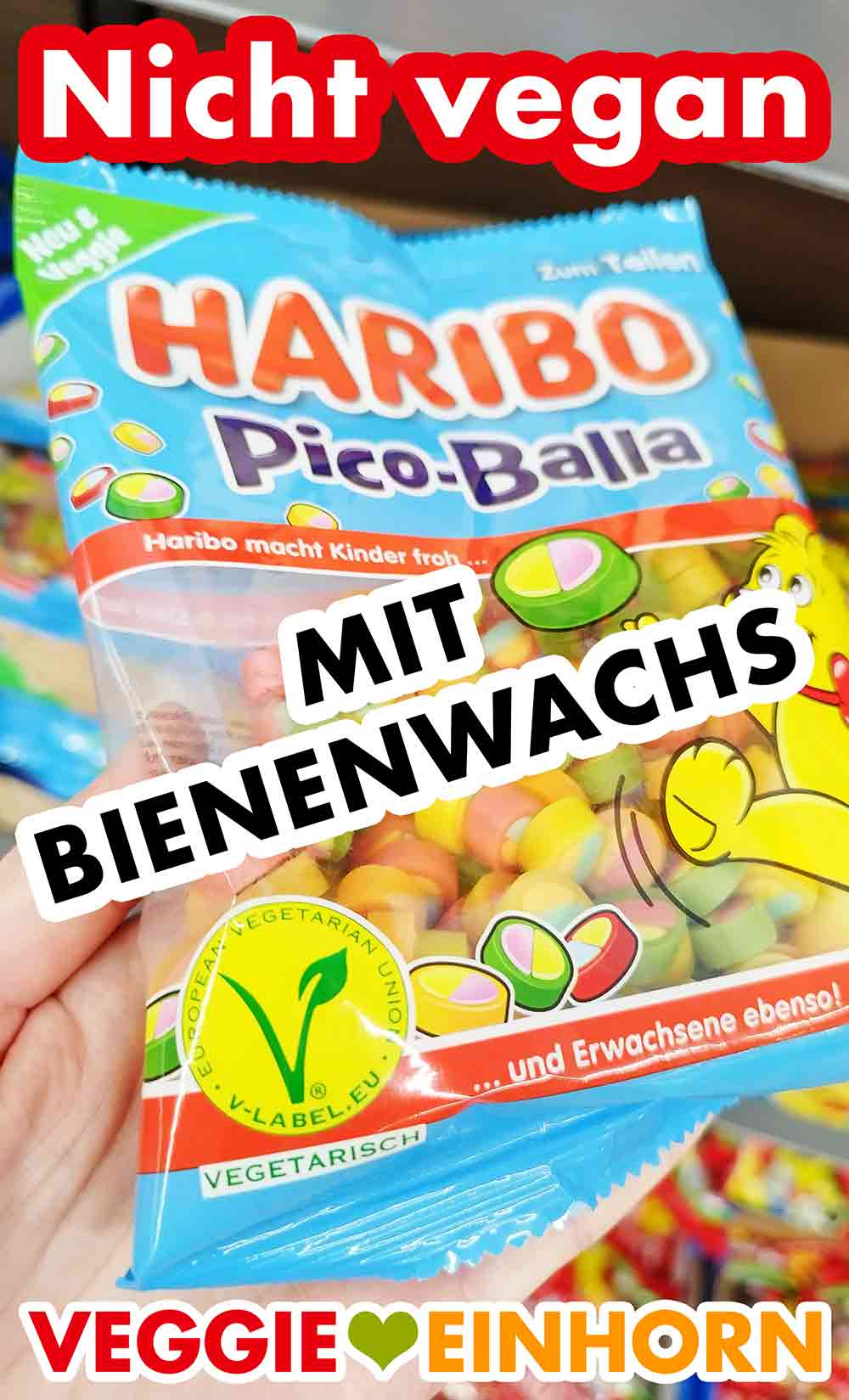 Haribo Pico Balla ist nicht vegan. Es enthält Bienenwachs. Haribo Pico Balla mit Vegetarisch Zeichen