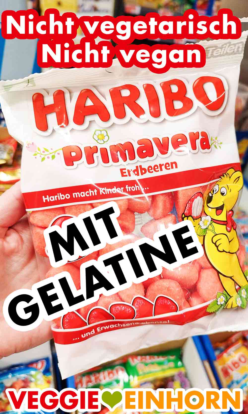 Haribo Primavera Erdbeeren enthalten Gelatine. Sie sind nicht vegan. Eine Packung Haribo Primavera Erdbeeren