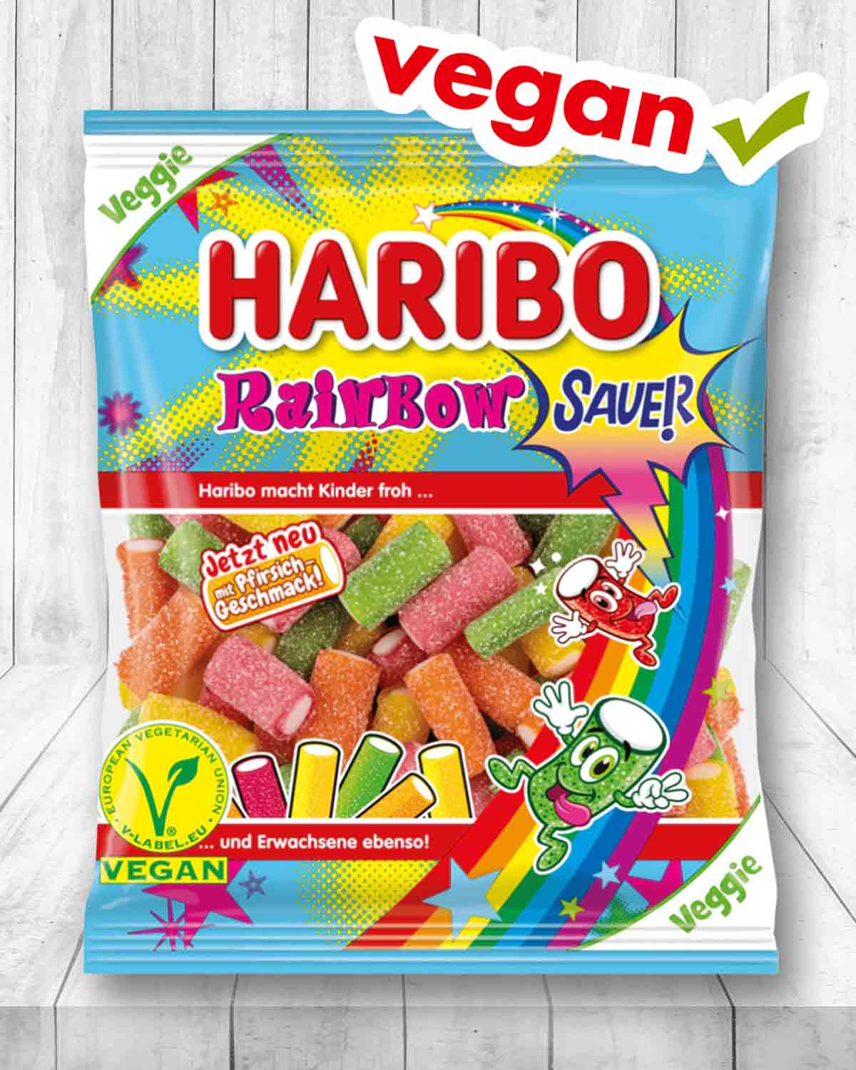 Die Sorte Rainbow Sauer von Haribo ist vegan. Haribo Rainbow Sauer