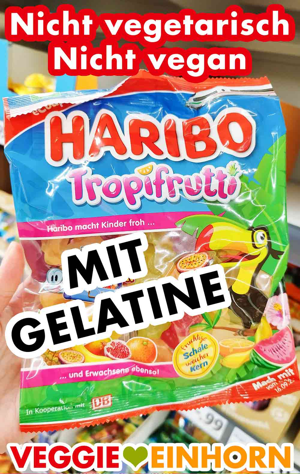 Haribo Tropifrutti ist nicht vegan. Es ist tierische Gelatine enthalten. Eine Packung Haribo Tropifrutti