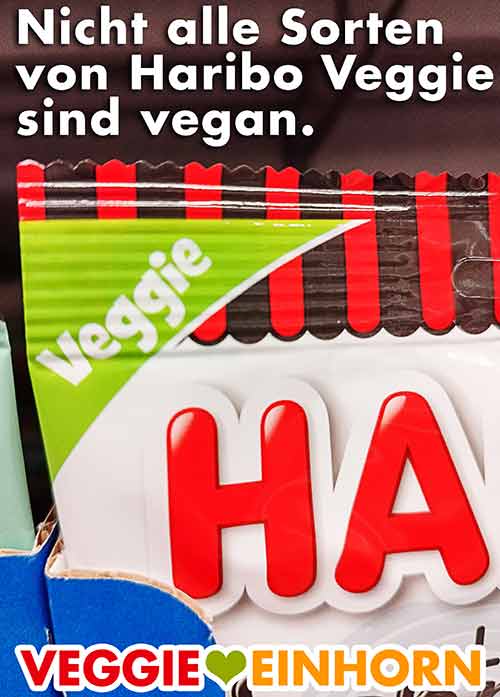 Nicht alle Sorten von Haribo Veggie sind vegan. Die grüne Veggie Ecke auf einer Haribo Tüte