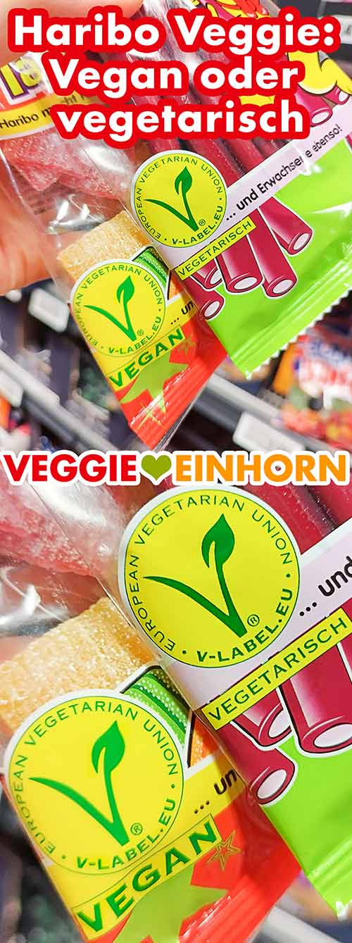 Das Vegan Logo und das Vegetarisch Logo sind beide gelb und leicht zu verwechseln. Vegan Zeichen und Vegetarisch Zeichen auf Haribo Veggie Produkten