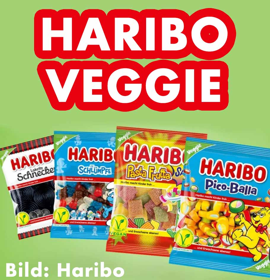 Die Haribo Veggie Sorten haben eine grüne Ecke auf der Packung. Vier Tüten Haribo Veggie Produkte