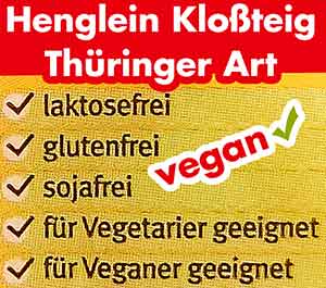 Henglein Kloßteig Thüringer Art ist für Vegetarier und Veganer geeignet. Henglein Kloßteig Thüringer Art ist laktosefrei, glutenfrei und sojafrei.