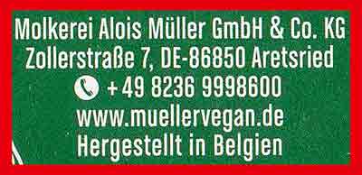 Das vegane Schoko Mousse von Müller Milch wird in Belgien hergestellt. Molkerei Alois Müller GmbH & Co, KG, Zollerstraße 7, 86850 Aretsried