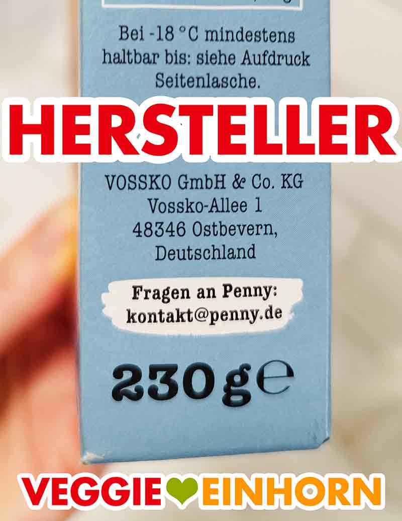 Die tiefgefrorenen Burger Patties von Penny Food for Future werden von Vossko hergestellt. Herstellerangabe Vossko GmbH auf der Packung der veganen TK-Burger von Penny