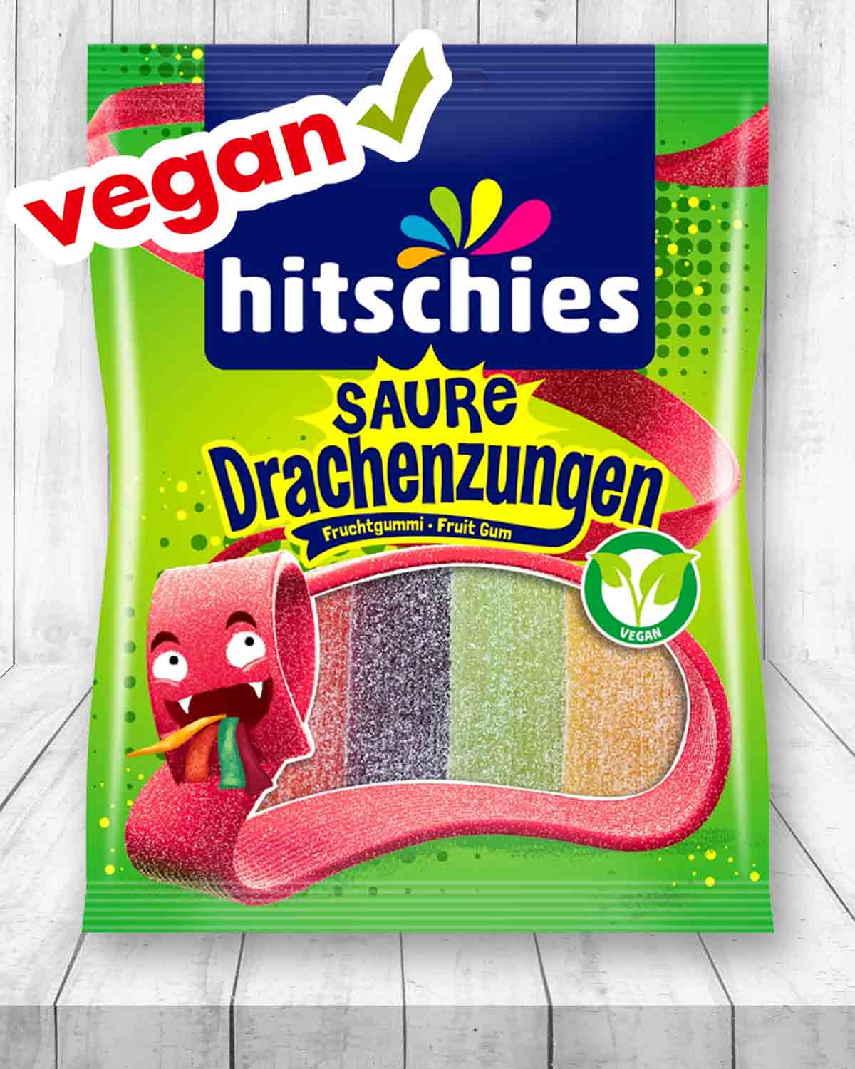 Die Sauren Drachenzungen von Hitschler sind ein veganes Fruchtgummi. Saure Drachenzungen von Hitschies