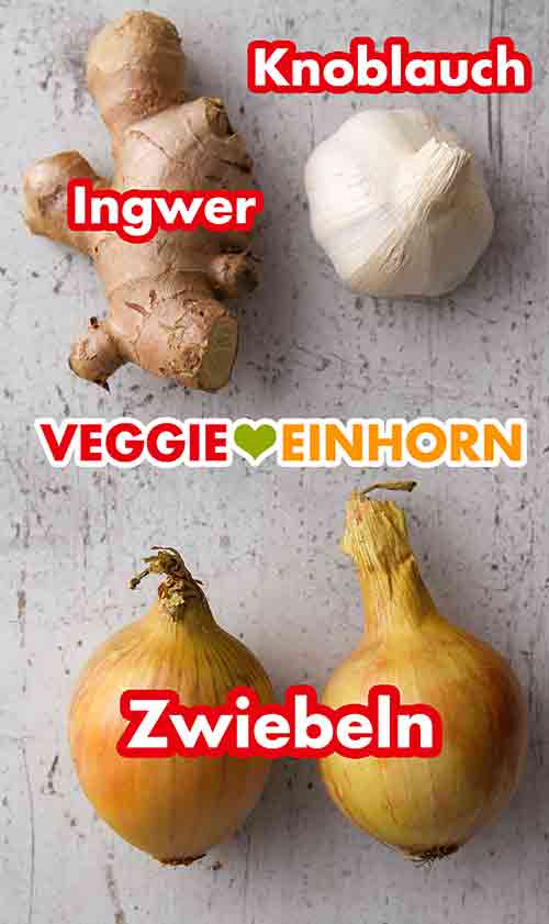 Ingwerwurzel, Knoblauchknolle und gelbe Zwiebeln Frischer Ingwer, Knoblauch und Zwiebeln