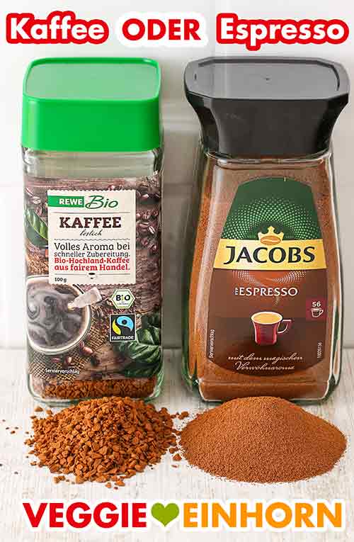 Rewe Bio Löslicher Kaffee und Instant Espresso Pulver von Jacobs Krönung Ein Glas lösliches Kaffeepulver und ein Glas Instant Espressopulver