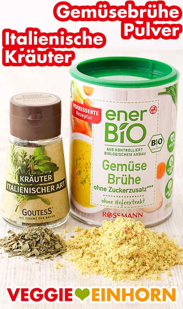 Goutess Kräuter Italienischer Art und Rossmann enerBIO Gemüsebrühe Ein Glas italienische Gewürzmischung und eine Dose Gemüsebrühe Pulver