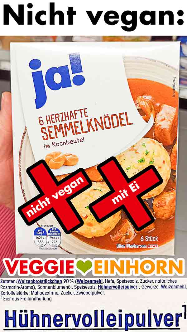 Semmelknödel von Rewe ja! sind nicht vegan. Rewe ja! Semmelknödel