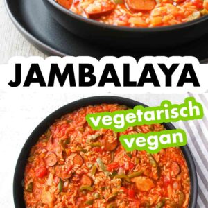 Veganes Jambalaya auf einem Teller und in der Pfanne