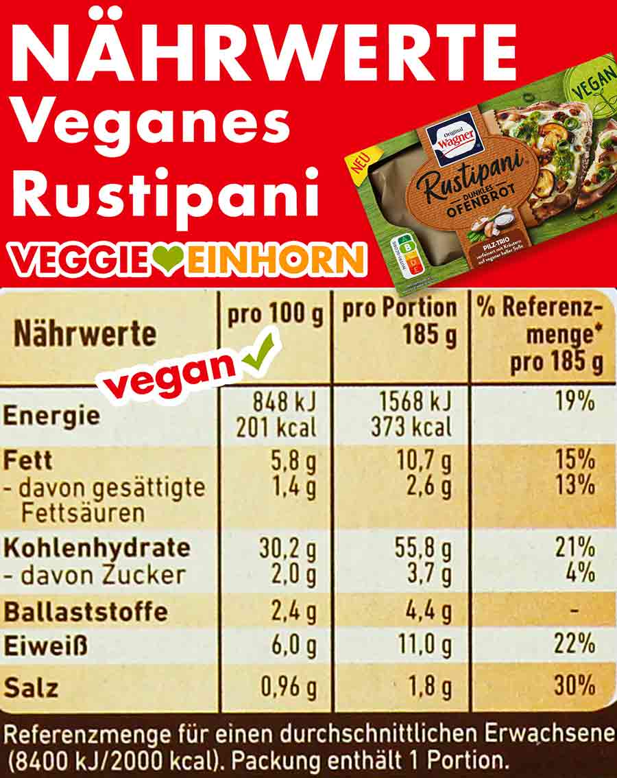 Kalorien des veganen Rustipanis mit Pilzen Nährwerte Tabelle des Wagner Rustipani Pilz-Trio