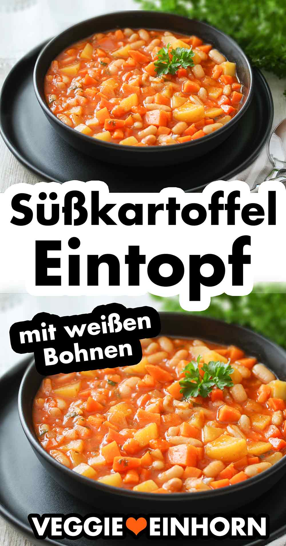 Eintopf mit Möhren, Süßkartoffeln und weißen Bohnen Schüssel mit Möhren Süßkartoffel Eintopf