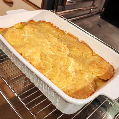 Veganes Kartoffelgratin in einer weißen Auflaufform auf dem Ofengitter.