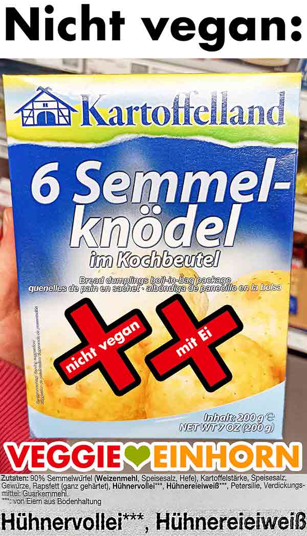 Semmelknödel von Kartoffelland sind nicht vegan. Semmelknödel im Kochbeutel von Kartoffelland