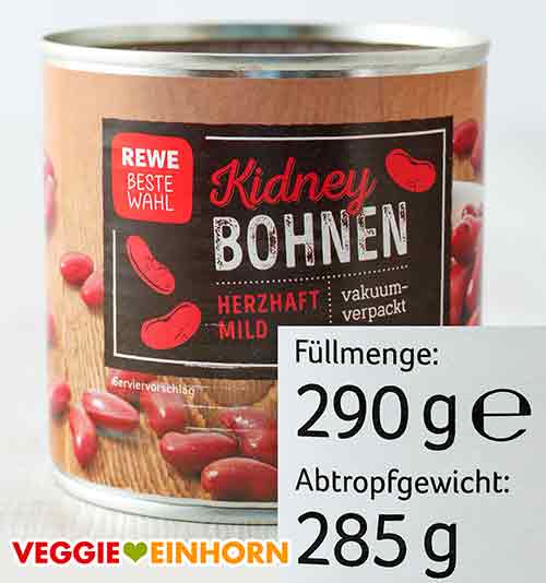 Füllmenge 290 g. Abtropfgewicht 285 g. Eine Dose vakuumverpackte Kidneybohnen von Rewe Beste Wahl