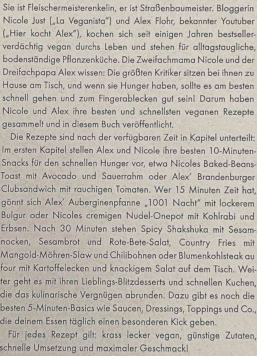 Klappentext des veganen Kochbuches von Alexander Flohr und Nicole Just Text auf der Rückseite des Buches Krass Lecker Vegan