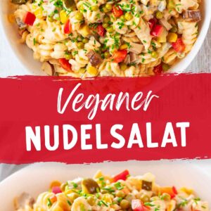 Veganer Nudelsalat mit geräuchertem Tofu, veganer Mayonnaise, Erbsen, Mais und Paprika