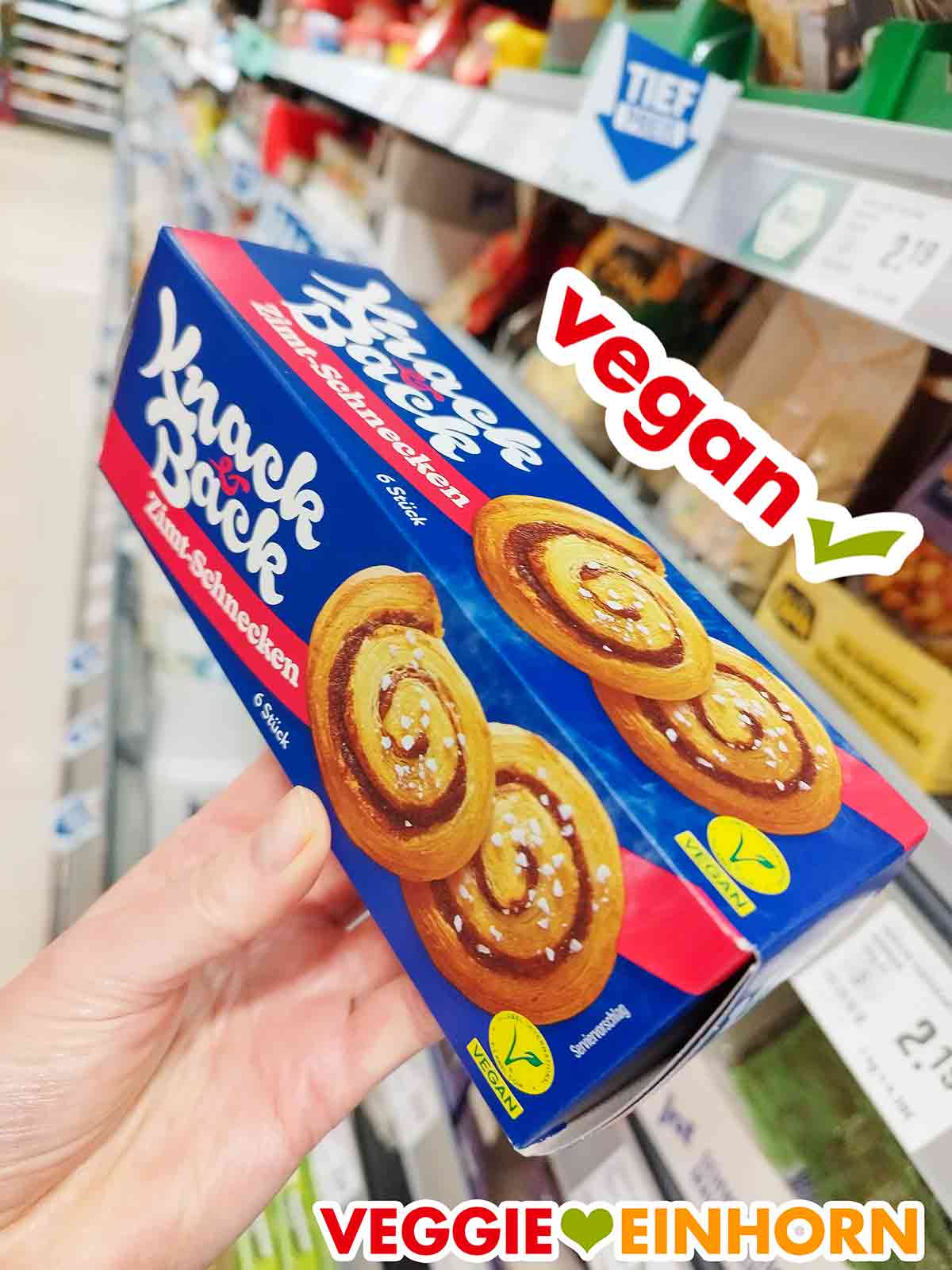 Die Zimtschnecken von Knack und Back sind vegan und enthalten Milchsäure. Vegane Zimtschnecken von Knack und Back im Supermarkt