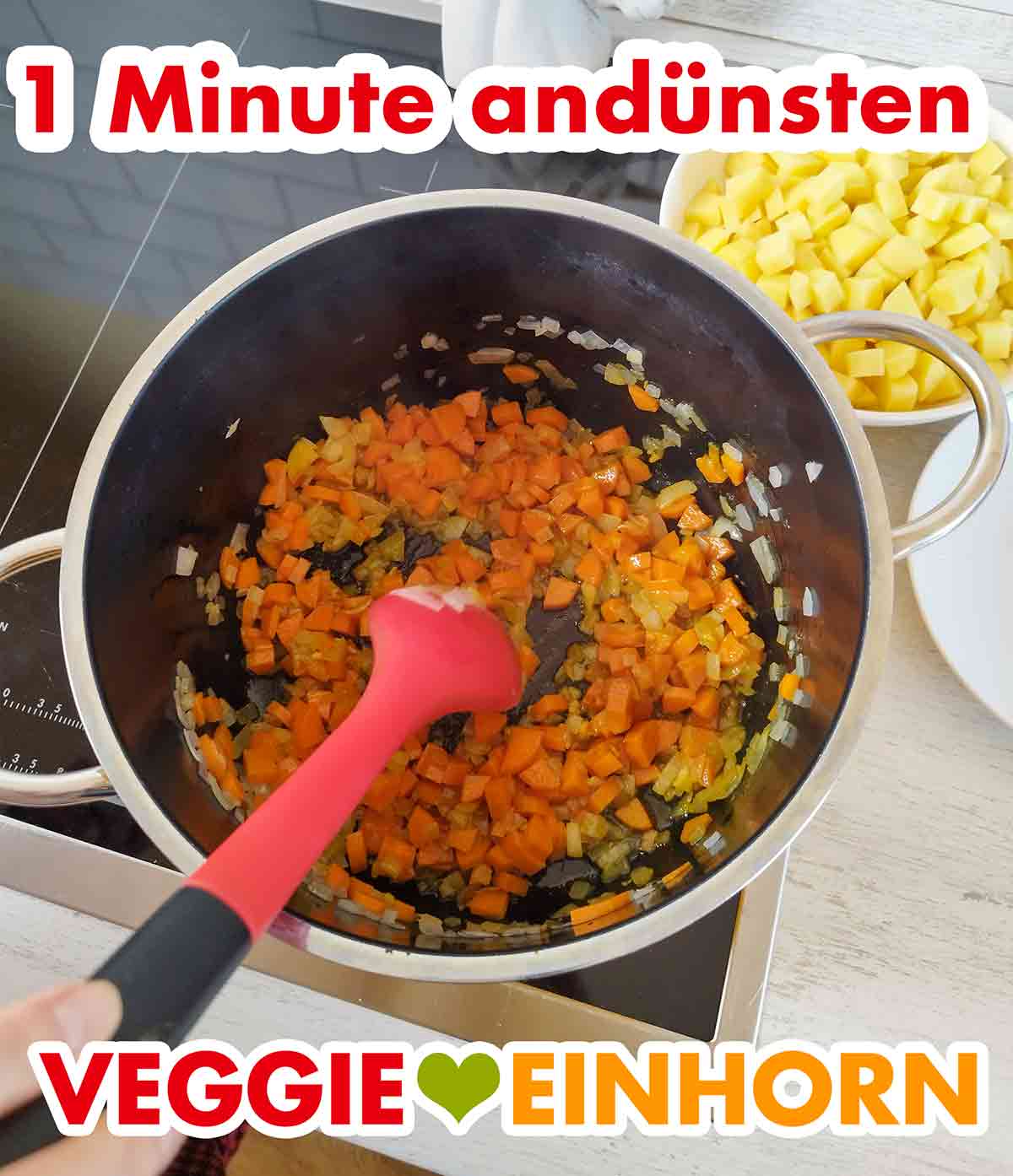 Knoblauch, Currypulver und gemahlenen Kreuzkümmel 1 Minuten andünsten. Knoblauch, Curry und Kumin mit andünsten