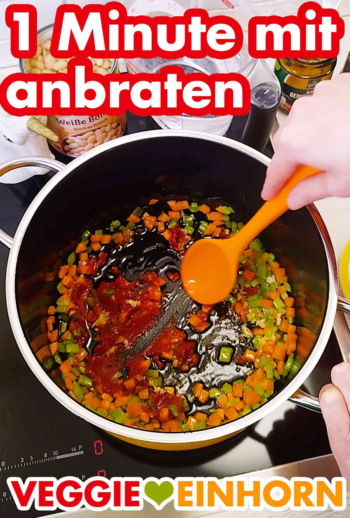 Anbraten von Knoblauch und Tomatenmark Tomatenmark und Knoblauch werden eine Minute lang mit angebraten.