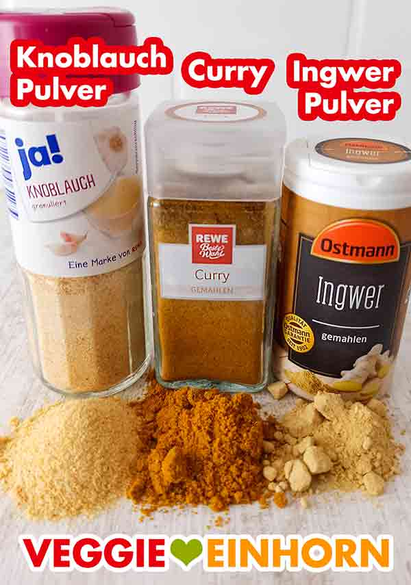 Rewe ja! Knoblauchpulver, Rewe Beste Wahl Curry Pulver, gemahlener Ingwer von Ostmann Knoblauchpulver, Currypulver und Ingwerpulver