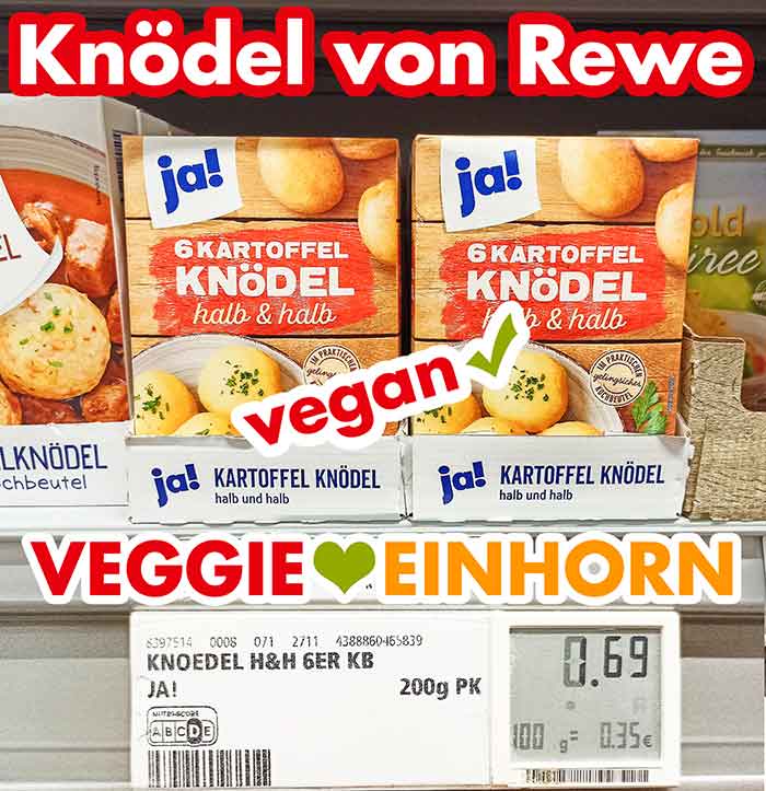 ja! Kartoffel Knödel halb und halb im Supermarkt Regal Packungen mit veganen Kartoffel Knödeln bei Rewe